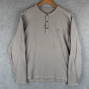 Allsaints Shirt Mens XL Beige Tan Henley Long Sleeve Ramskull Cotton Long Sleeve